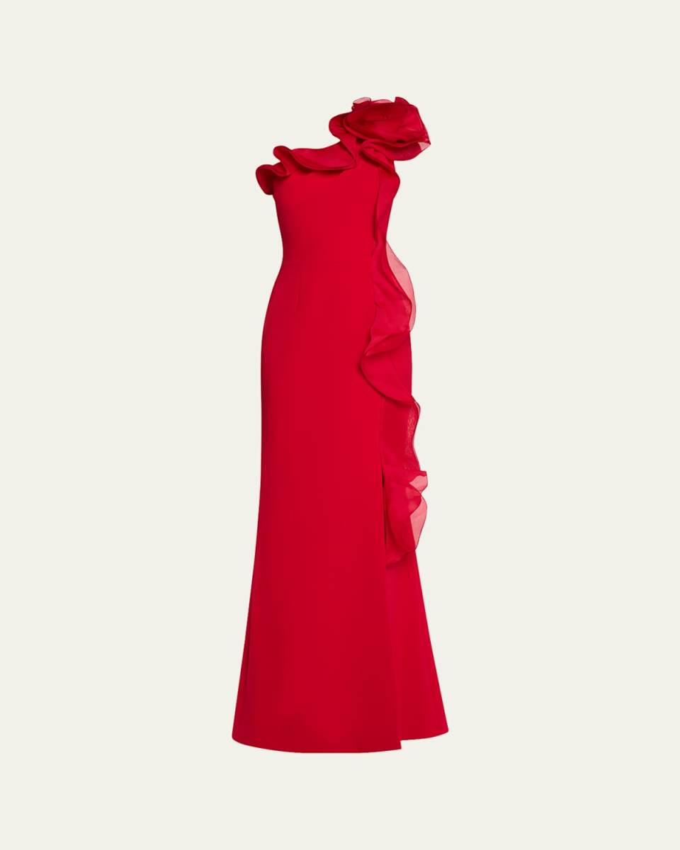 One-Shoulder Ruffle Crepe Gown